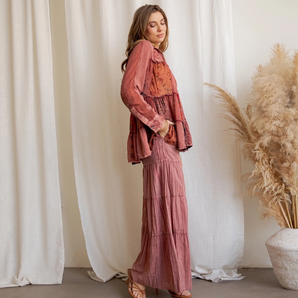 YTS6- Elegant Garnet Jhabla patchwork top, Wide-Leg Pants, or kimono - Picture 3 of 5
